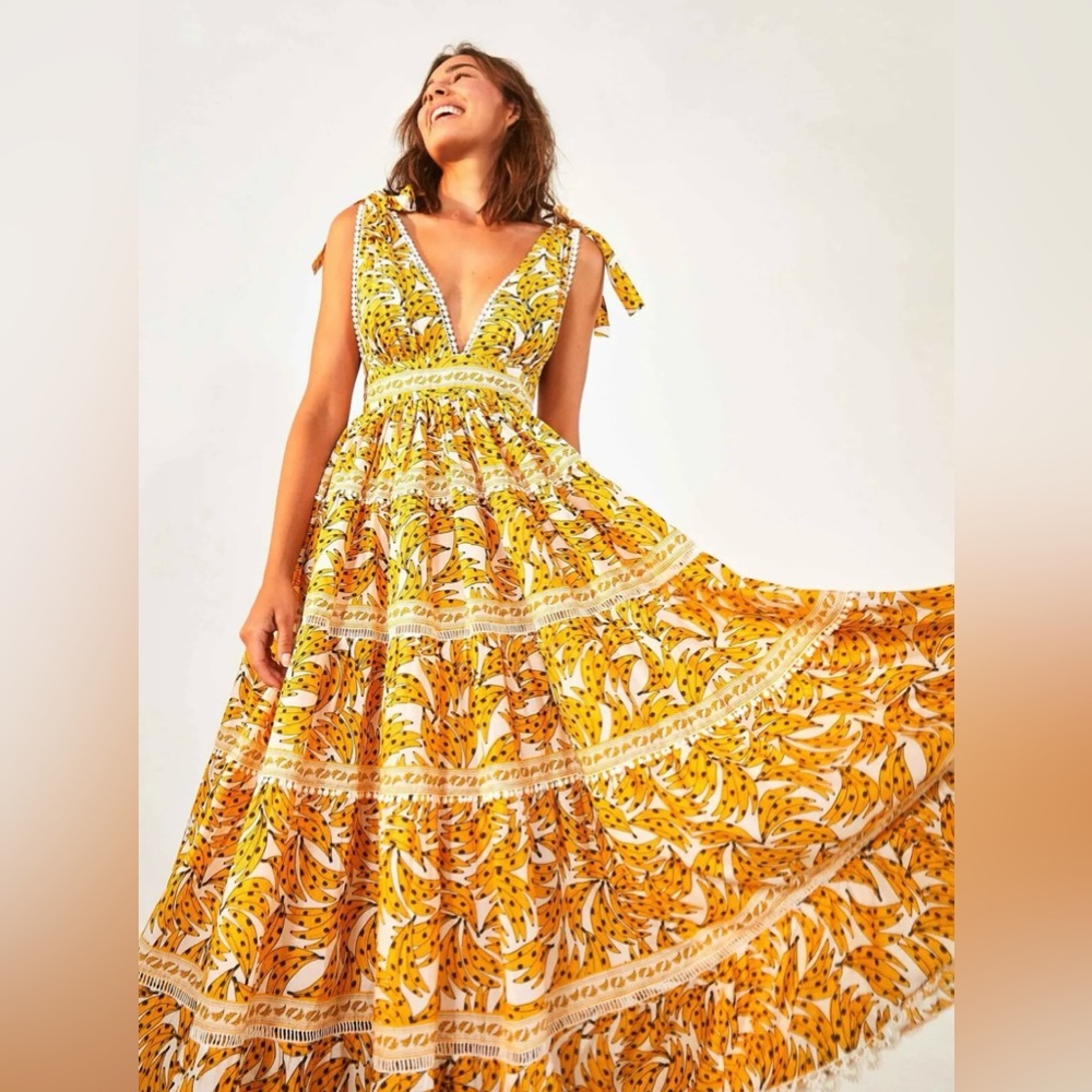 Farm Rio Tropical Banana Pattern Yellow Maxi Dress